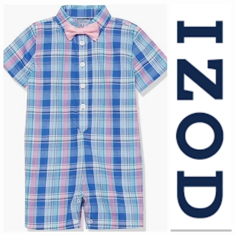 NWT IZOD Plaid Baby Romper with Bow Tie ~6-9M